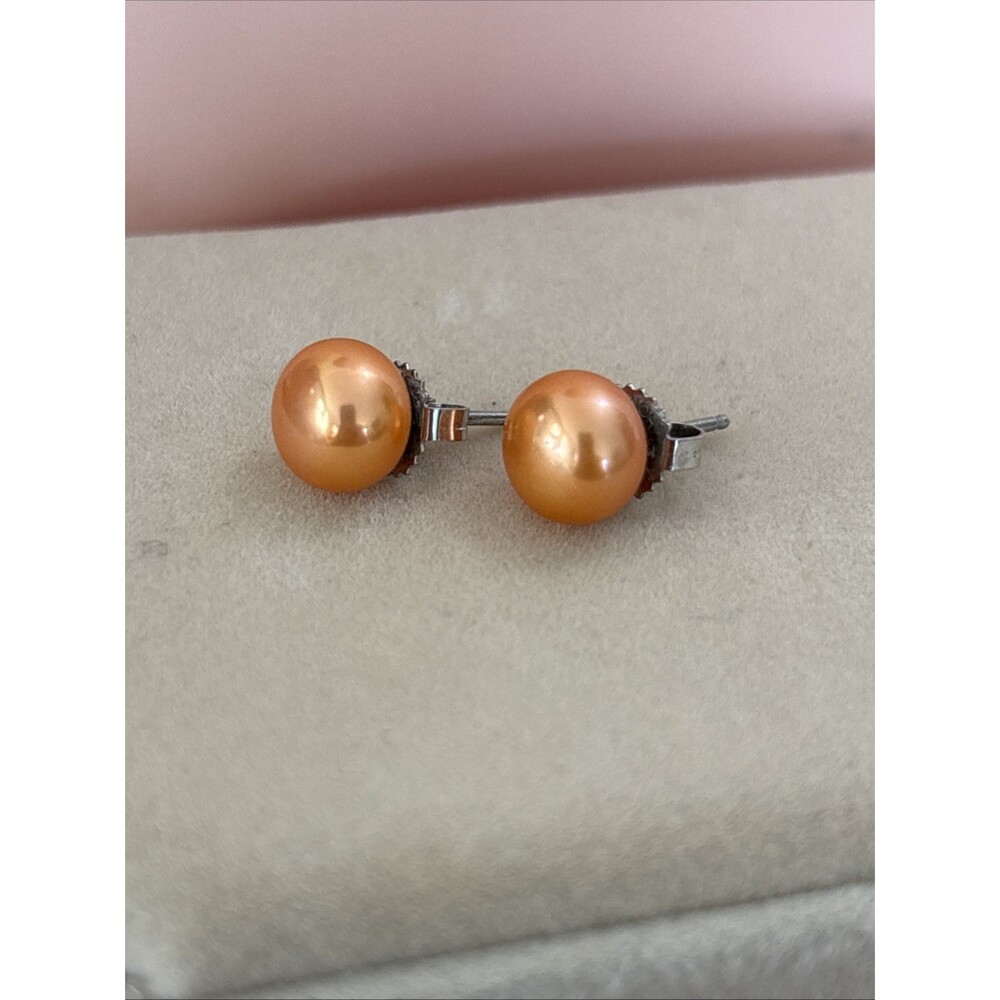 Honora Sterling 9mm Dark Peach Orange Pearl Stud Earrings Semi Round Button